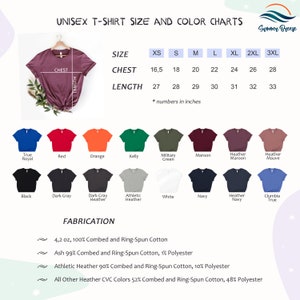 Op de afbeelding: Unisex t-shirt maat- en kleurenkaart met een verscheidenheid aan kleuren en maten. De kaart bevat borst- en lengtemaat in inches. De stof is 100% gekamd en ringgesponnen katoen.