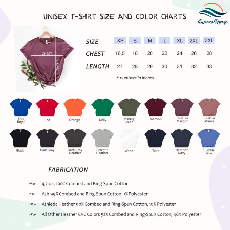 Op de afbeelding: Unisex t-shirt maat- en kleurenkaart met een verscheidenheid aan kleuren en maten. De kaart bevat borst- en lengtemaat in inches. De stof is 100% gekamd en ringgesponnen katoen.