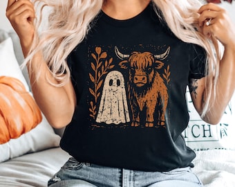 Cute Fall Highland Cow Ghost T-shirt, Halloween Spooky Season T-shirt, Autumn Cow T-shirt, Cow Ghost T-shirt, Florall Fall Pumpkin T-shirt