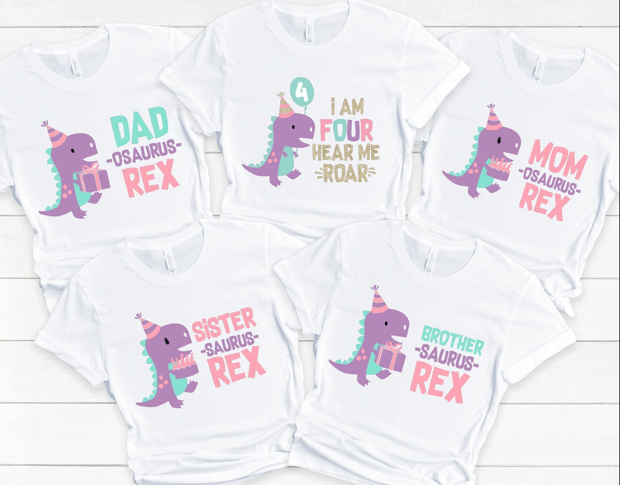 Custom Dinosaur Family Birthday Matching T-Shirt, Personalized Saurus Shirt, Fourth Birthday Gift, Mamasaurus,Dadasaurus,Four Years Birthday
