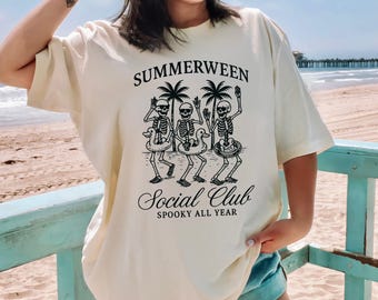 Summerween T-shirt,Funny Skeleton Summer T-shirts, Funny Halloween Summer T-shirt,Skeleton Beach T-shirt,Spooky Season Graphic,Spooky Summer