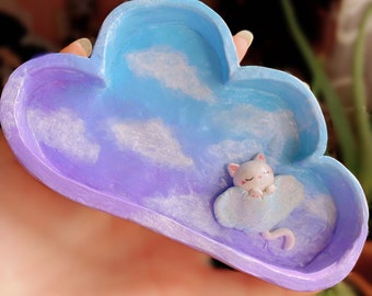 Sleeping Kitty on Cloud Clay Trinket Tray, Jewelry Dish
