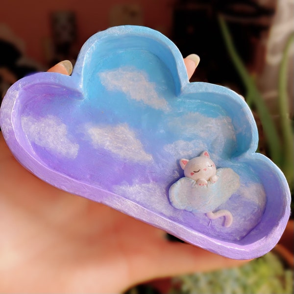 Sleeping Kitty on Cloud Clay Trinket Tray, Jewelry Dish