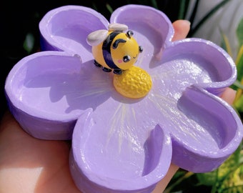 Bumble Bee and Flower Clay Trinket Tray, Jewelry Dish