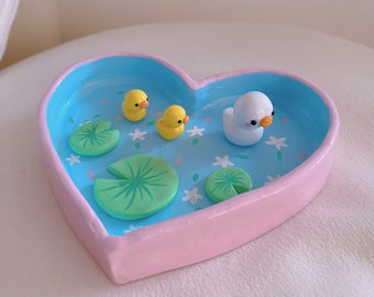 Baby Duck Pond Heart Clay Trinket Tray, Jewelry Dish