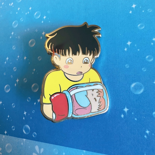Anime Boy and Fish Girl in Jar Enamel Pin