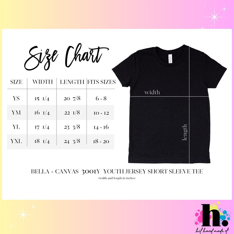 May include: A black youth jersey short sleeve tee with a size chart. The chart shows width and length measurements in inches for sizes YS, YM, YL, and YXL. The shirt is from Bella + Canvas.