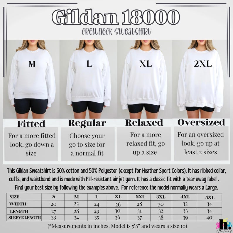 May include: White Gildan 18000 crewneck sweatshirt with size options M, L, XL, and 2XL. The image includes a size chart with measurements in inches and fit descriptions: Fitted, Regular, Relaxed, and Oversized.