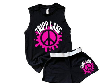 Camp Shorts and Tank Set for Girls - Customize w/ Your Camp and Color! Sleep Away Camp, Overnight Summer Camp Clothes for Kids w/ Peace Sign