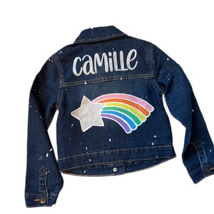 Hand Painted Rainbow Shooting Star Denim Jacket for Girls, Name on Top of Jean Jacket for Kids. Toddler Sizes Avail! Special Birthday Gift.