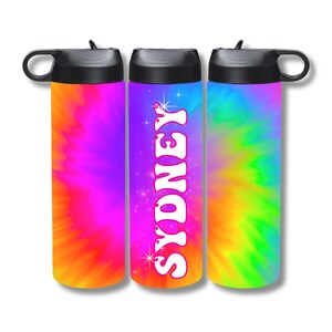 May include: Three stainless steel water bottles with a tie-dye pattern. The center bottle has the name "Sydney" in white letters with pink outlines and sparkles.
