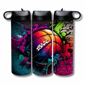 Basketball Water Bottle - Personalized Graffiti Style - Boys Drinkware - Insulated Cup - Kids Custom Sports Bottle - Team and Birthday Gifts