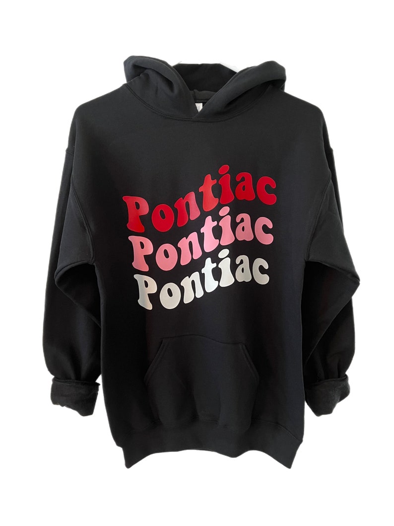 May include: Black hooded sweatshirt with a graphic print of the word "Pontiac" in red, pink, and white.