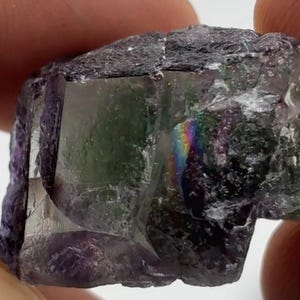 May include: A close-up of a raw fluorite crystal. The crystal displays a mix of colors, including purple, green, and clear sections. A rainbow effect is visible within the crystal, adding to its visual appeal. The rough texture and natural form are prominent.