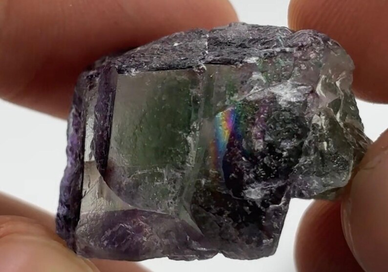 May include: A close-up of a raw fluorite crystal. The crystal displays a mix of colors, including purple, green, and clear sections. A rainbow effect is visible within the crystal, adding to its visual appeal. The rough texture and natural form are prominent.