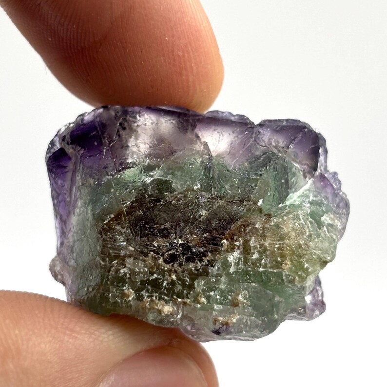 May include: A raw fluorite crystal with a mix of colors. The crystal has a deep purple hue on the edges, transitioning to green and brown in the center. The rough texture and natural form of the stone are visible.