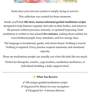 May include: Digital download for "Meditations By Catharyn" with a floral design. The text details 100 short, trauma-informed guided meditation scripts. Each meditation is designed for approximately 5 minutes, printable and for recordings.