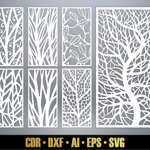 Conjunto de SVG de plantillas de paneles de naturaleza #38. Separadores de ambientes de árboles naturales. 7 archivos vectoriales de corte por láser y cnc. Panel decorativo DXF