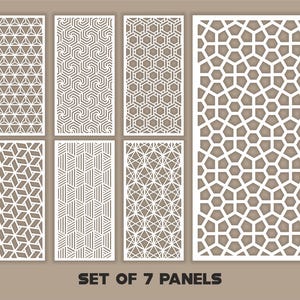 May include: A set of 7 white decorative panels with diverse geometric patterns. The panels showcase designs including triangles, hexagons, and swirling shapes. The text "SET OF 7 PANELS" is displayed at the bottom.