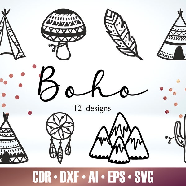 12 Hand-drawn Boho style outline SVG - Boho SVG Bundle for Glowforge - DXF Laser Cut File - Glowforge Svg - Cricut  file