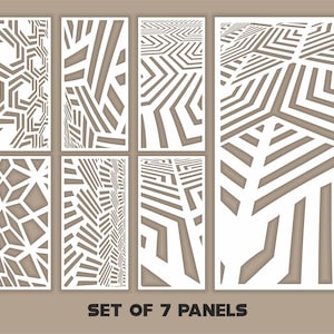 Könnte beinhalten: Set aus sieben weißen Paneelen mit geometrischem Design. Die Paneele zeigen verschiedene abstrakte Muster aus Linien und Formen, die eine moderne und künstlerische Ästhetik erzeugen. Der Text "SET OF 7 PANELS" ist unten angezeigt.