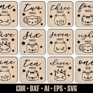 12 jalons mensuels dessinés à la main pour bébés animaux des bois Woodlans SVG. De quelques mois à un an. Fichier de découpe numérique. Marqueurs photo Glowforge SVG