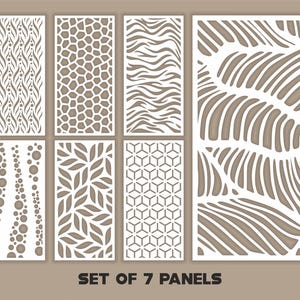 May include: Set of seven decorative panels with various cut-out designs. Patterns include organic shapes, geometric forms, and animal prints. The panels are white against a tan background. Text at the bottom reads "SET OF 7 PANELS."