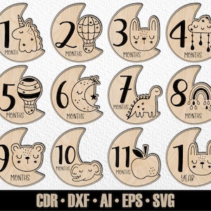 12 faits marquants du mois pour bébé ours dessinés à la main SVG. De quelques mois à un an. Fichier de découpe numérique. Marqueurs photo Glowforge SVG