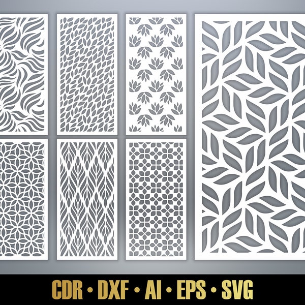 Plantillas de panel de patrones florales SVG Set #3. 7 archivos vectoriales de corte por láser. Separador de ambientes de hojas SVG. Panel decorativo DXF