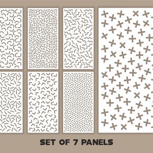 May include: Set of seven decorative panels with various geometric patterns. The panels feature designs of curved lines, squiggles, dots, and crosses in a neutral color palette. The text "SET OF 7 PANELS" is displayed at the bottom.