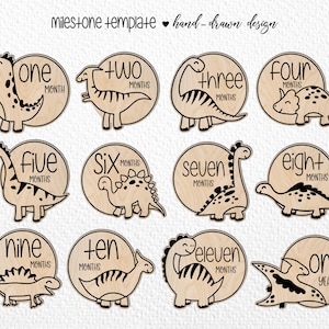 手描きの月齢別赤ちゃん恐竜マイルストーンSVG。月齢から1歳までセット。恐竜フォトマーカー。デジタルカットファイル。レーザーカットSVGファイル
