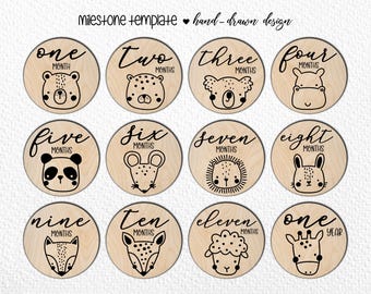 Hand Drawn Baby Animal Milestone Markers (Digital Cut File). Laser cut SVG file