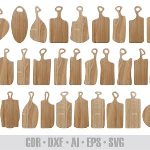 Könnte beinhalten: Eine Auswahl an Holzschneidebrettern in verschiedenen Formen und Größen. Die Bretter haben eine natürliche Holzmaserung und umfassen Herz-, Oval- und Rechteckdesigns. Der Text "CDR • DXF • AI • EPS • SVG" ist ebenfalls enthalten.