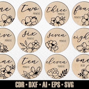 12 étapes florales mensuelles pour bébé SVG. Jalons arrondis. De quelques mois à un an. Marqueurs photo. Fichier de découpe numérique. Fichier SVG Glowforge