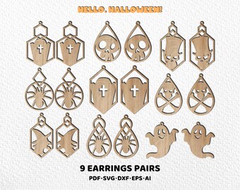 Halloween earrings SVG bundle. Skull template. Spider, Black Cat, Ghost Glowforge earrings. Laser Cut Jewelry