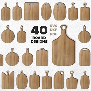 Pode incluir: Uma coleção de 40 designs de tábuas de madeira em várias formas e tamanhos. As tábuas são castanho-claras com grão de madeira visível. A imagem inclui o texto "40 BOARD DESIGNS" e as opções de tipo de arquivo "SVG DXF PDF".