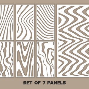 May include: A set of seven decorative wall panels with a white, wavy design on a tan backdrop. The panels showcase diverse patterns, including curved lines and zigzags. The text "SET OF 7 PANELS" is displayed at the bottom.