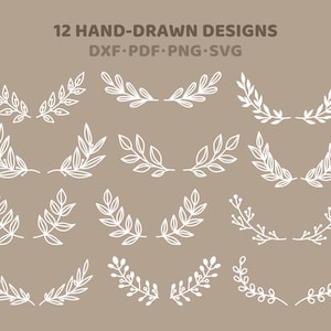 May include: A collection of 12 hand-drawn white leaf designs on a tan background. The designs include various styles of leaves and branches, perfect for digital art projects. Text at the top reads "12 HAND-DRAWN DESIGNS" and lists file types.