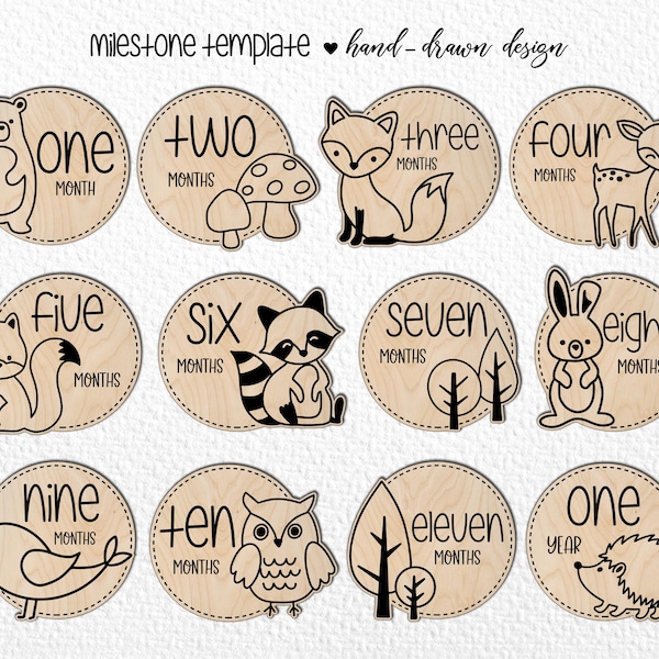 12 hitos mensuales de animales bebés del bosque dibujados a mano SVG #24. Conjunto desde el mes hasta el año. Archivo de corte digital. Marcadores fotográficos SVG Glowforge.