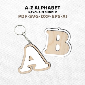 Puede incluir: Llaveros de letras de madera, las letras A y B, con borde blanco. El llavero de la letra A está sujeto a una cadena y un anillo plateados. El texto "A-Z ALPHABET KEYCHAIN BUNDLE" está en la parte superior, con información sobre el tipo de archivo debajo.