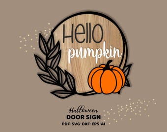 Hello Pumpkin Round Door Hanger SVG, Autumn Welcome Sign (Digital Download)