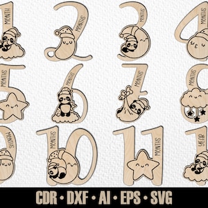 12 faits marquants du mois pour bébé panda dessinés à la main SVG. De quelques mois à un an. Fichier de découpe numérique. Marqueurs photo Glowforge SVG