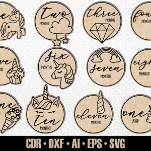 12 handgetekende maandelijkse Unicorn Milestones SVG. Instellen van maanden tot een jaar. Digitaal snijbestand. Glowforge SVG-fotomarkeringen