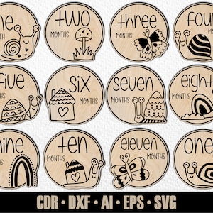 12 handgetekende maandelijkse Woodlans baby slakken mijlpalen SVG. Instellen van maanden tot een jaar. Digitaal snijbestand. Glowforge SVG-fotomarkeringen