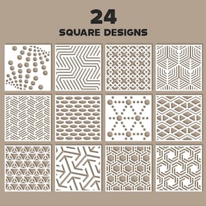 Pode incluir: Uma coleção de 24 designs quadrados apresentando padrões geométricos brancos com recortes sobre um fundo bege. A grade exibe vários motivos, incluindo pontos, linhas, triângulos, hexágonos e formas entrelaçadas em formato quadrado.