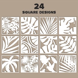 May include: A collection of 12 white square laser-cut style panels featuring tropical motifs including palm leaves, monstera leaves, citrus slices, and parrots. The text 24 SQUARE DESIGNS is displayed in dark brown at the top of the image.