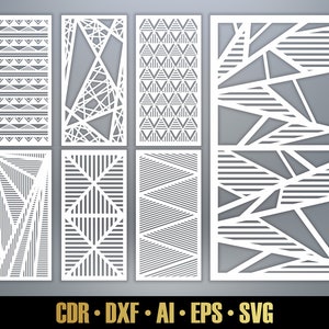 幾何学模様パネル テンプレート SVG セット #1。レーザーカット用の 7 つのベクター ファイル。部屋の仕切り SVG。装飾パネル DXF