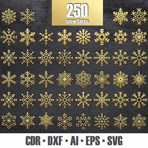 Großes Bündel von 250 Schneeflocken SVG. Glowforge-Dateien. Vektordateien für Cricut, Lasercut, Laser und Silhouette. Ai, Dxf, Pdf, Cdr, Eps