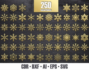 Big bundle of 250 Snowflakes SVG. Glowforge files. Vector files for Cricut, Lasercut, Laser and Silhouette. Ai, Dxf, Pdf, Cdr, Eps