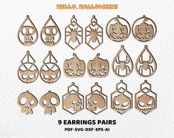 Halloween earrings SVG bundle. Skull template. Spider, Black Cat, Ghost Glowforge earrings. Laser Cut Jewelry